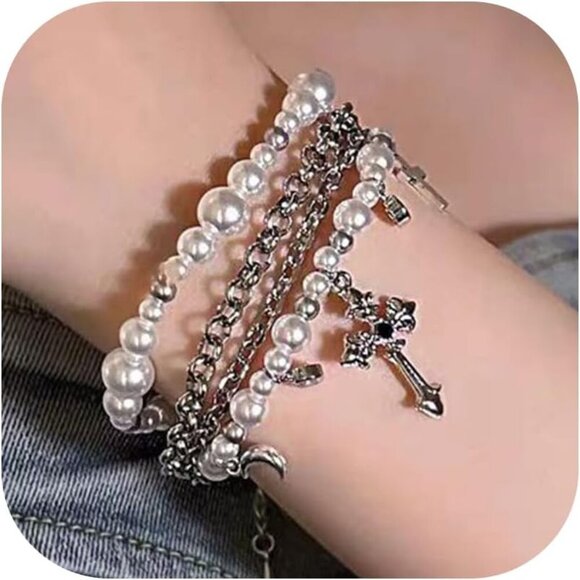 🆕 Women White Pearl Bracelet Layered Cross Fashion Simple Stylish Jewelry Gifts - Picture 1 of 6